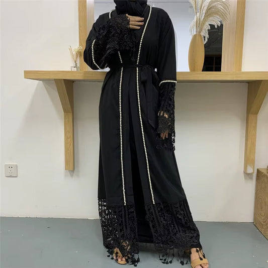 2025 Muslim Abaya Long Lace Tassel Sleeve with Peals Latest Fashion Design in Dubai Islamic Clothing Manufacturers Turkey - Mugawe Store