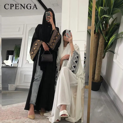 2025 New Arabic Embroidery Abaya Muslim Women Kimono Dubai Abayas Eid Ramadan Islam Clothing Black White Coat Robe - Mugawe Store