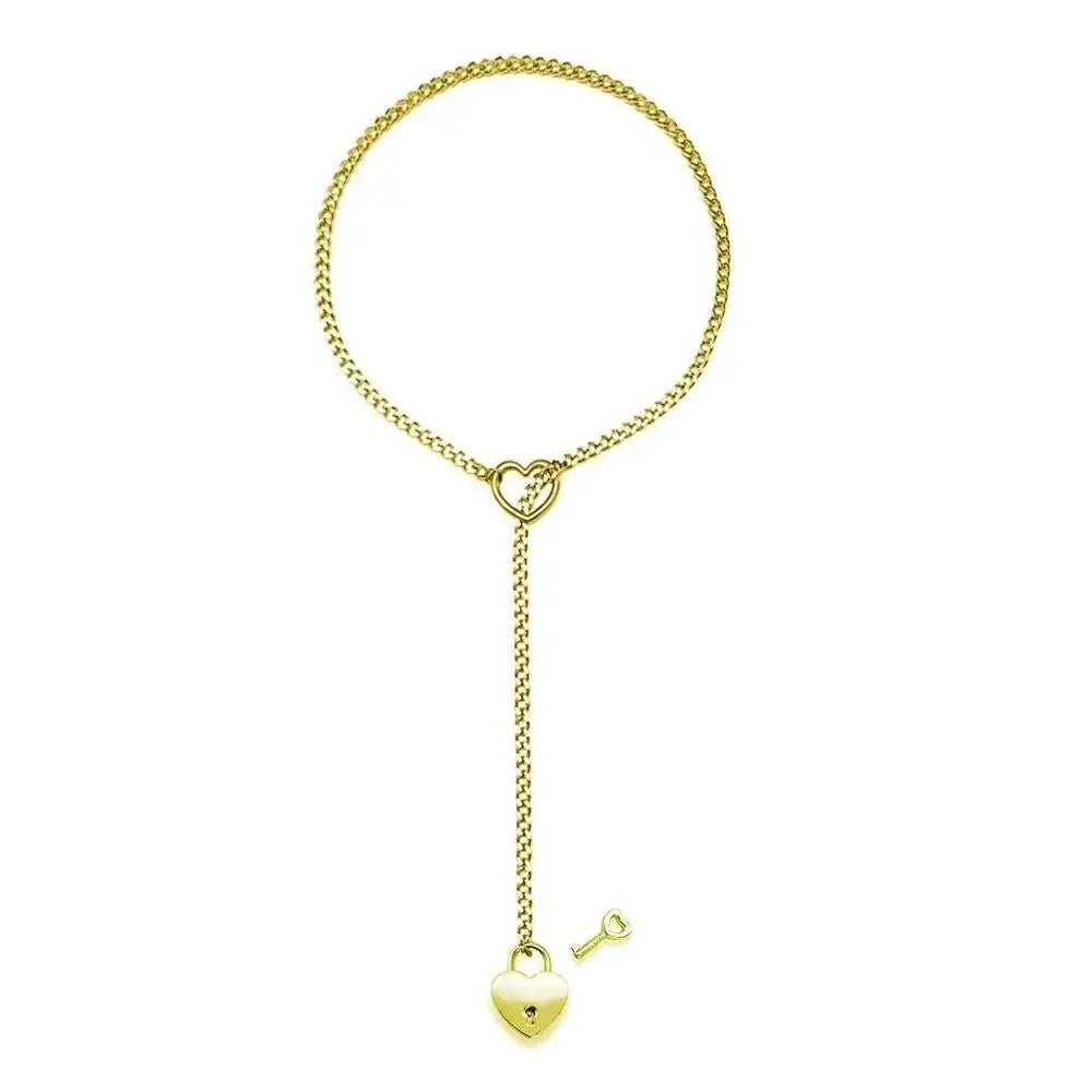 Adjustable Heart O - Ring Punk Rock Cuban Chain Necklace – Lariat Y - Style Necklace with Key & Heart Lock Pendant - Mugawe Store