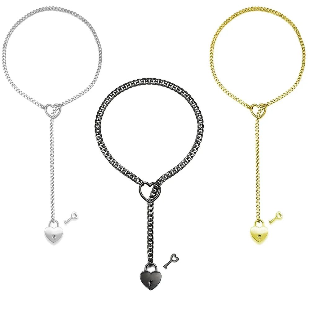 Adjustable Heart O - Ring Punk Rock Cuban Chain Necklace – Lariat Y - Style Necklace with Key & Heart Lock Pendant - Mugawe Store