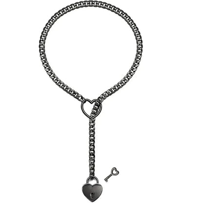 Adjustable Heart O - Ring Punk Rock Cuban Chain Necklace – Lariat Y - Style Necklace with Key & Heart Lock Pendant - Mugawe Store