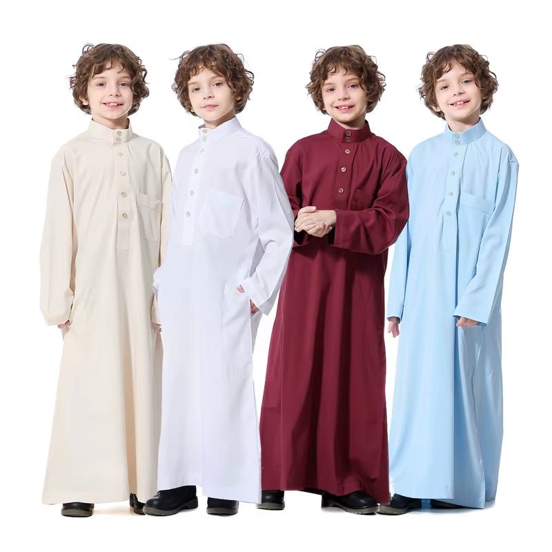 Children Robe W/ Long Sleeves Teenager Muslim Clothing Boys Kaftan Islamic Middle East Arab Jubba Thobe for Four Seasons - Mugawe Store