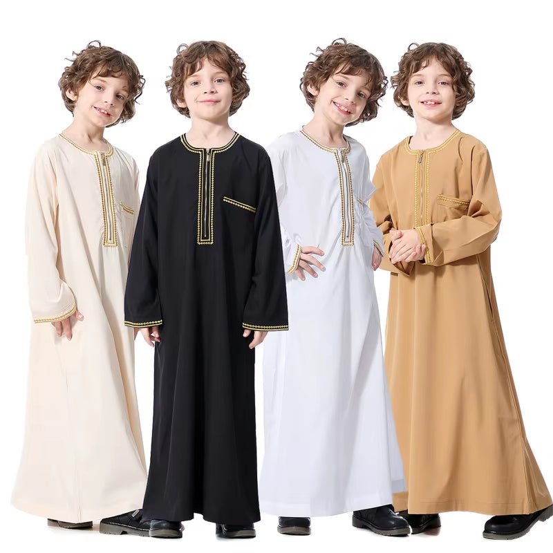 Children Robe W/ Long Sleeves Teenager Muslim Clothing Boys Kaftan Islamic Middle East Arab Jubba Thobe for Four Seasons - Mugawe Store