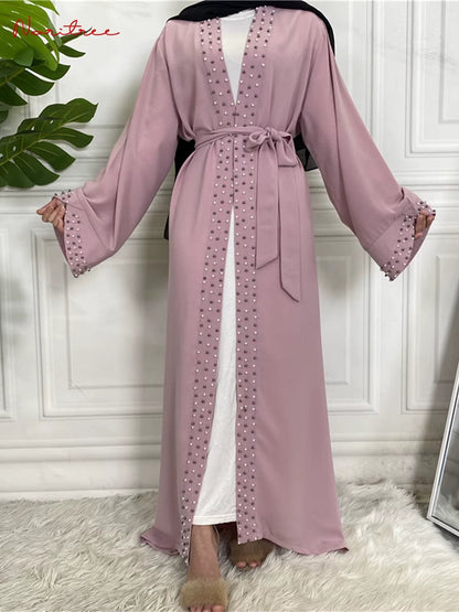 Hot Sell Satin Muslim Dress Diamond Beading Smooth Silky Elegant Long Dresses Muslim Women Modest Wear Clothing EID Robes F1975 - Mugawe Store