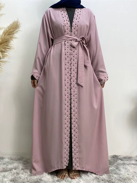 Hot Sell Satin Muslim Dress Diamond Beading Smooth Silky Elegant Long Dresses Muslim Women Modest Wear Clothing EID Robes F1975 - Mugawe Store