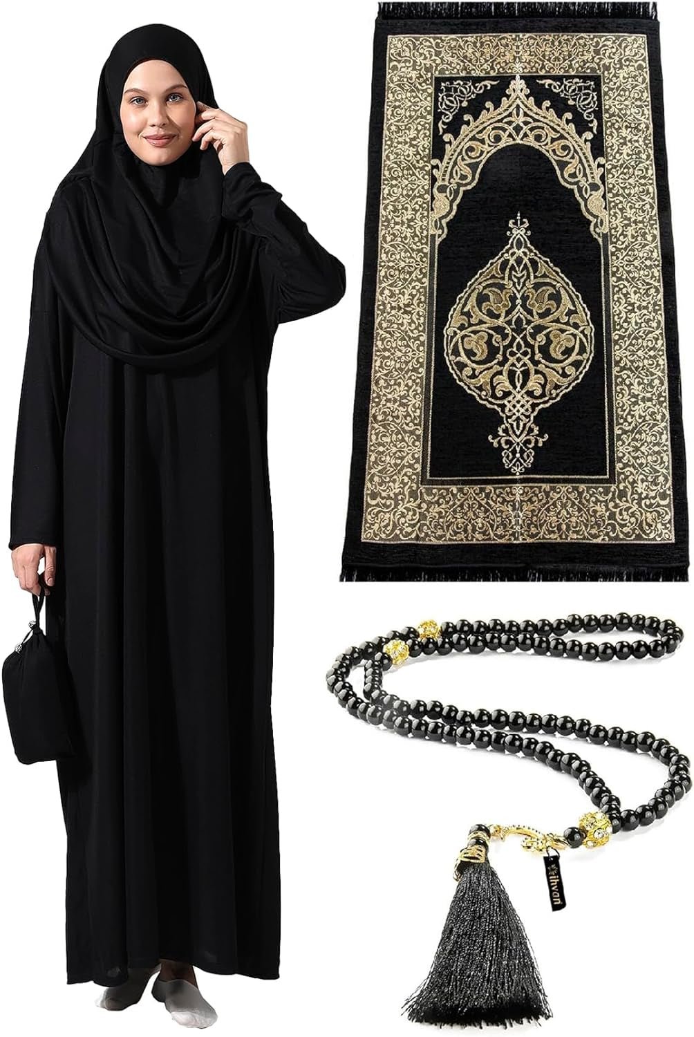 Muslim Dresses for Women, One - Piece Long Sleeve Islamic Prayer Dress & Prayer Rug & Beads, Islamic Set - Mugawe Store