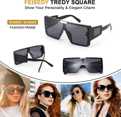 Square Oversized Flat Top Sunglasses with Side Lens Integrated for Women Men B4028 - Mugawe Store