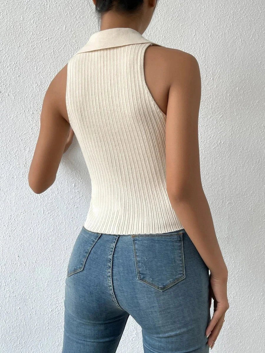 Summer V - Neck Ribbed Knit Crop Top - Sleeveless Turndown Collar in 10 Colors - Mugawe Store